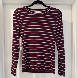 LOFT Burgundy and White Striped Long Sleeve Tee